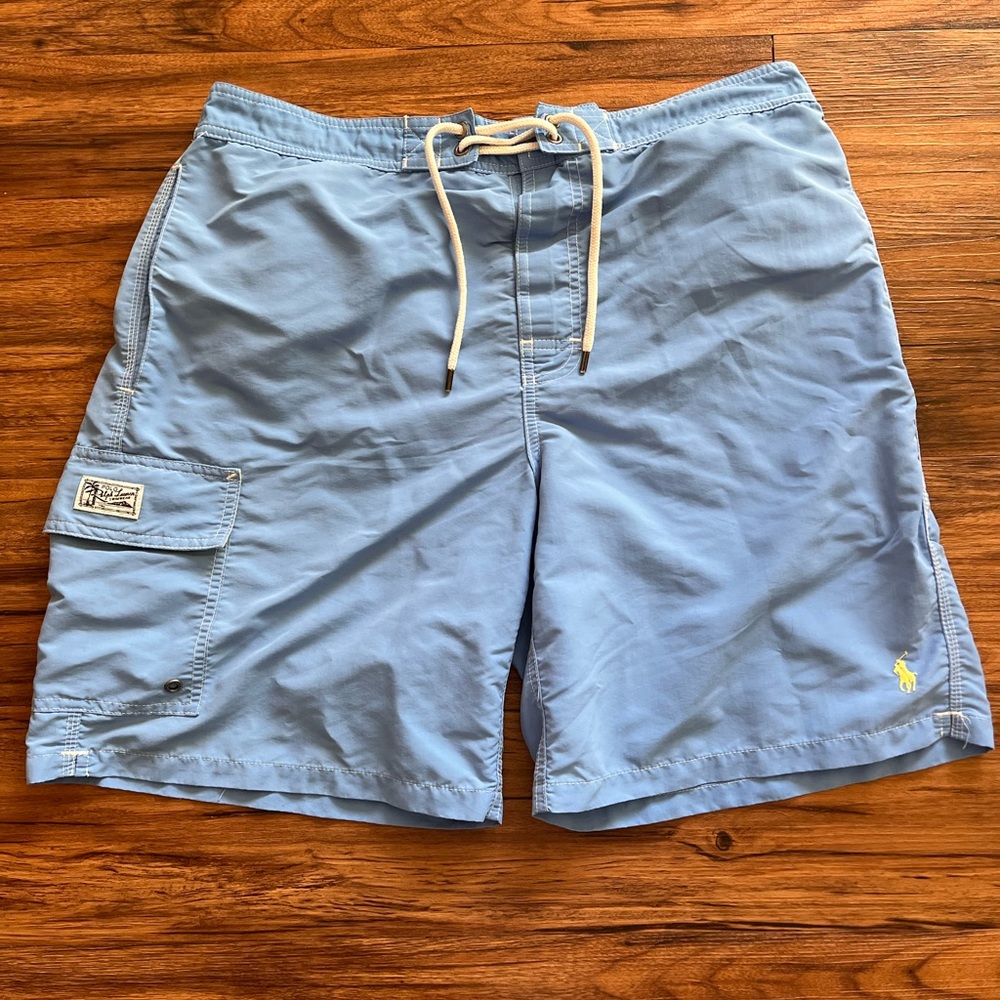 Polo Ralph Lauren Mens L Swim Trunks Light Blue W/ Pocket & Drawstring